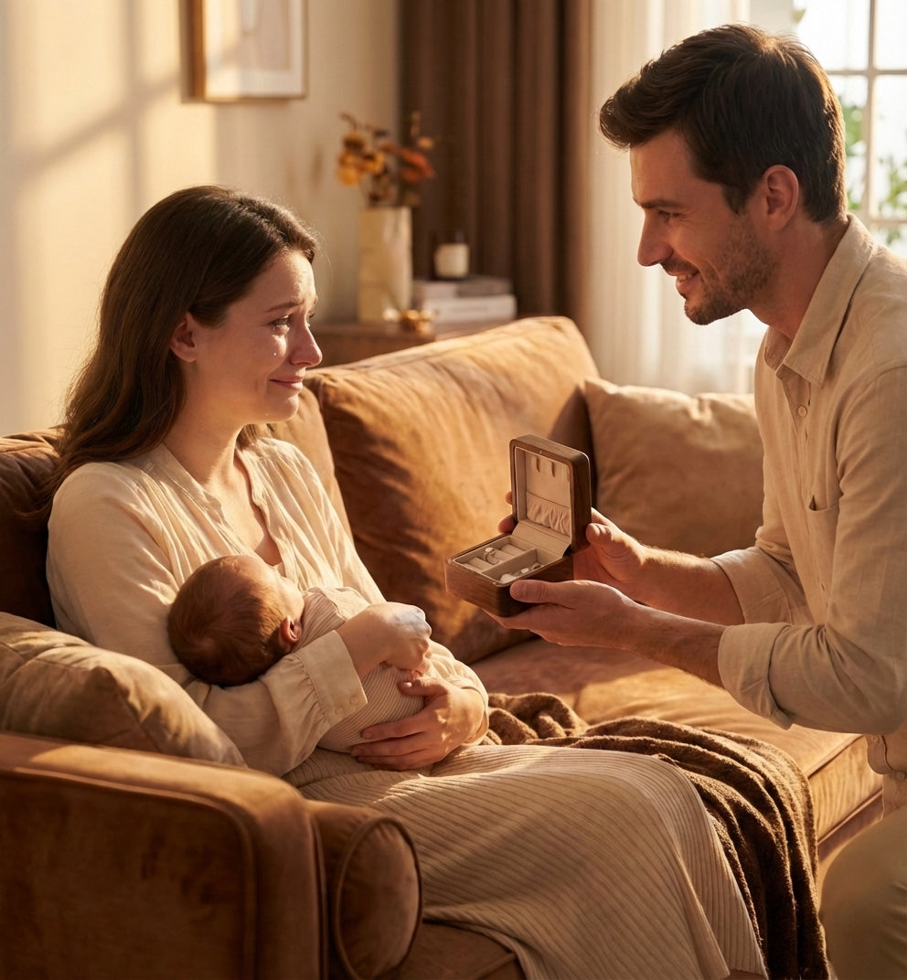 un père offre à sa femme le meilleur cadeau de naissance le coffret mère-enfant bijoux lait maternel cherinel